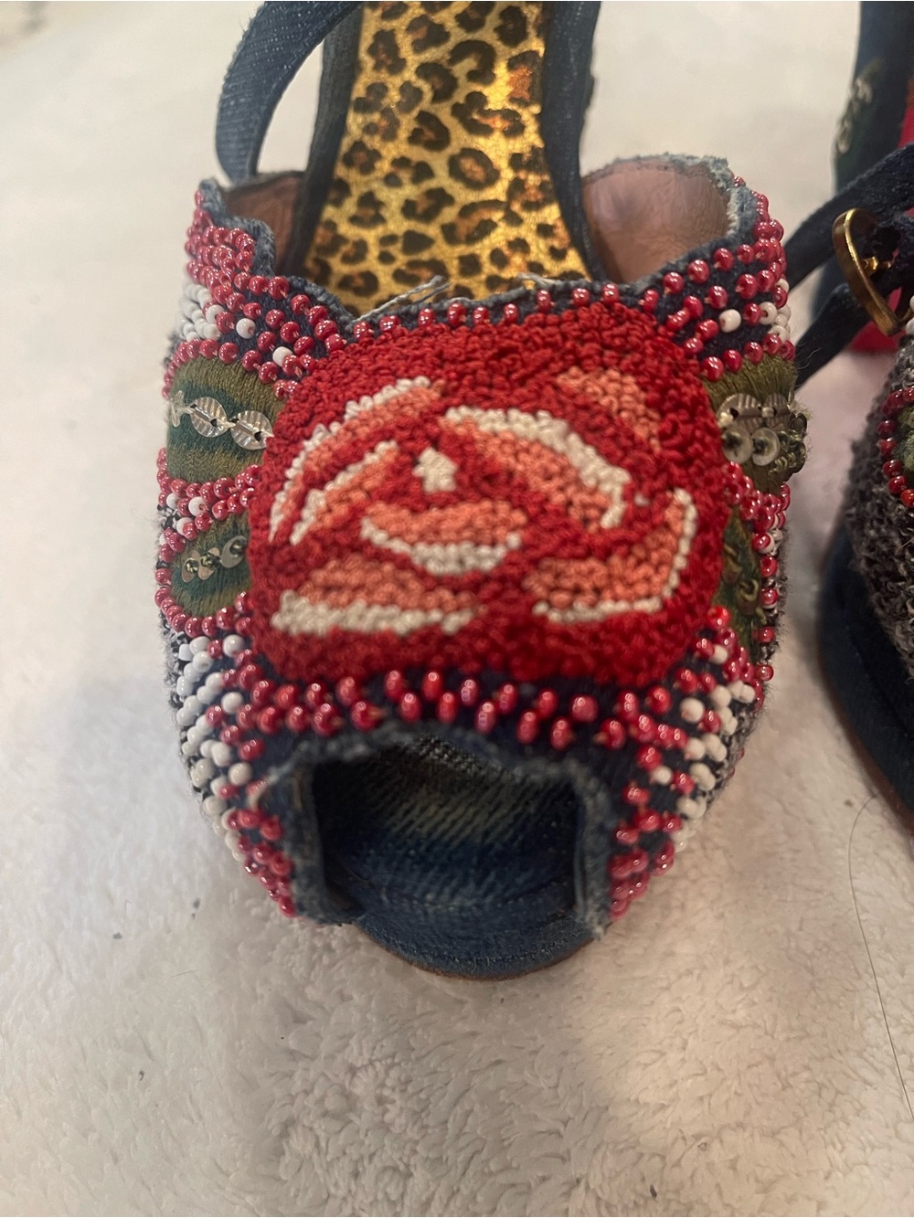 Vintage Betsey Johnson. Denim and beaded peep-toe platform. - Picture 6 of 9